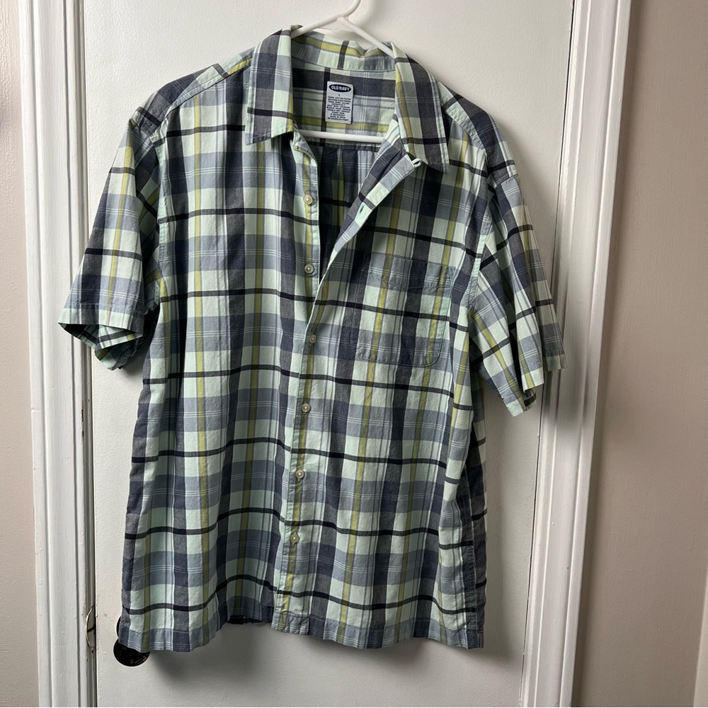 Old Navy- Men’s Short Sleeve Button Down- Blue Green Plaid- Large